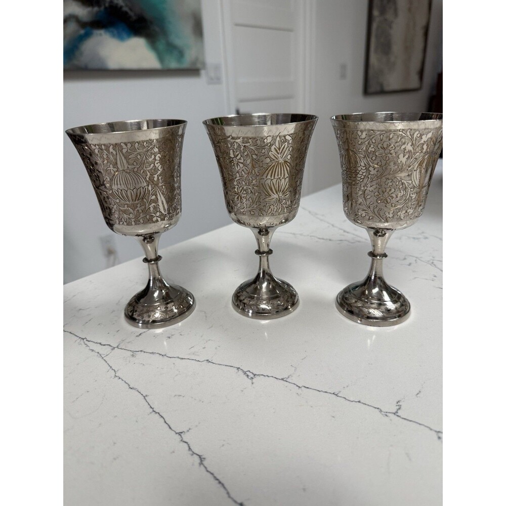Vtg Chalice Goblet Silver Plate Brass Etched World Gift Z.Y.India 6” SET OF 3